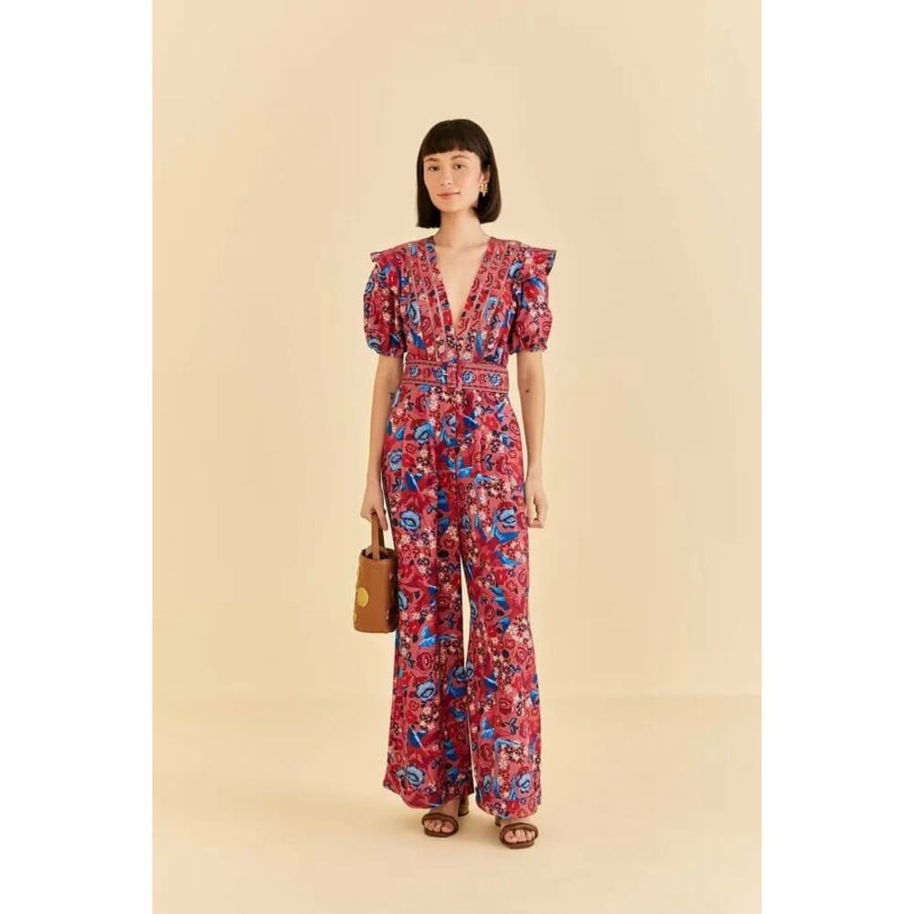 Farm Rio Floral Birds Belted blush Wide Leg jumpsuit size small